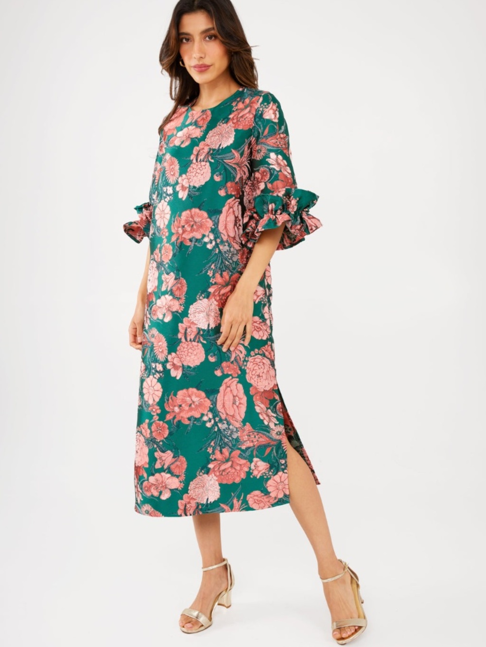 Floral Ruffle-Sleeve Midi Dress - Green/Pink